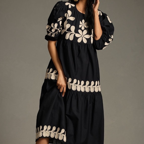 Anthropologie Dresses & Skirts - Anthropologie Embroidered Puff-Sleeve Midi Black Cream Sold Out Dress Medium